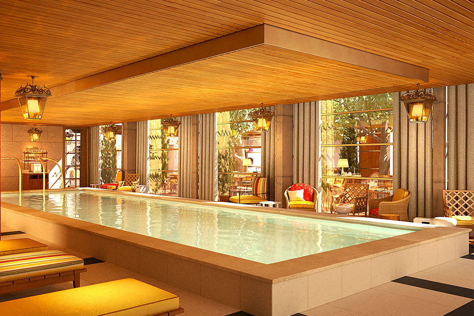 Large indoor pool with yellow lounge chairs, and lanterns hanging from the ceiling at the Spa at Mondrian Bordeaux.