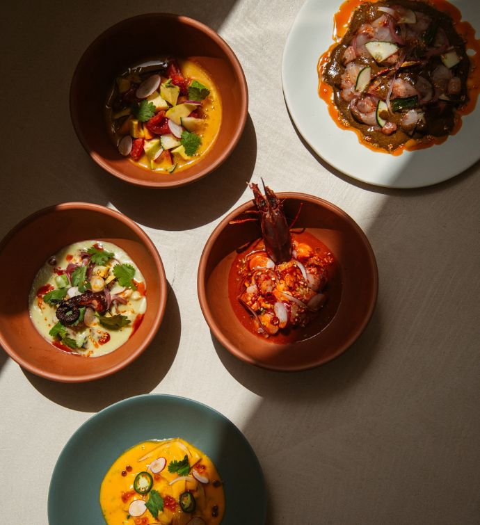 Five seafood dishes on various colored round plates on a white table