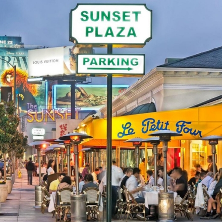 Sunset Strip in Los Angeles with a series of restaurants with al fresco dining