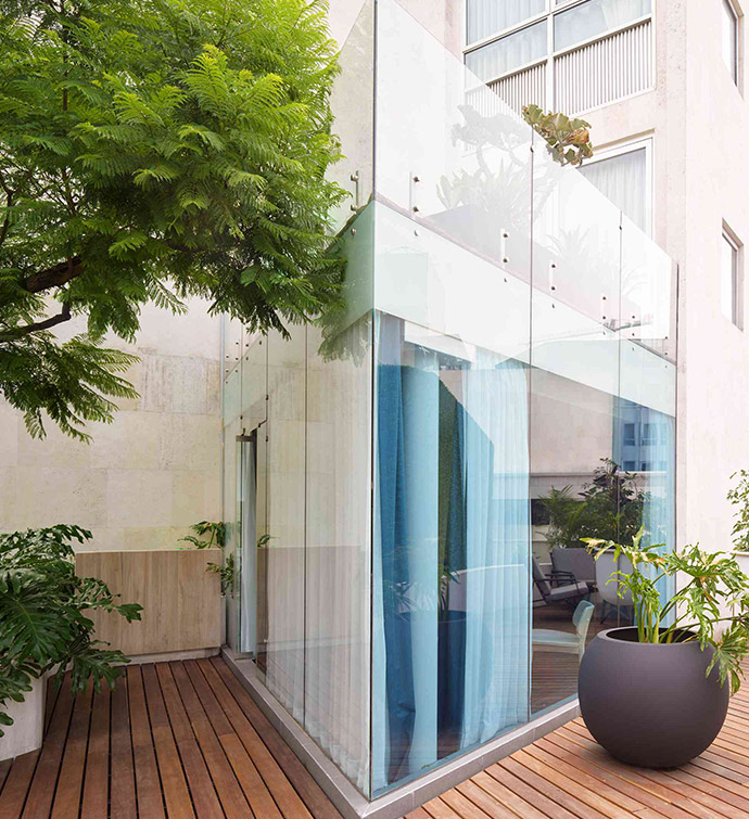 Glass enclosed patio with tree and planter, providing a serene outdoor space.