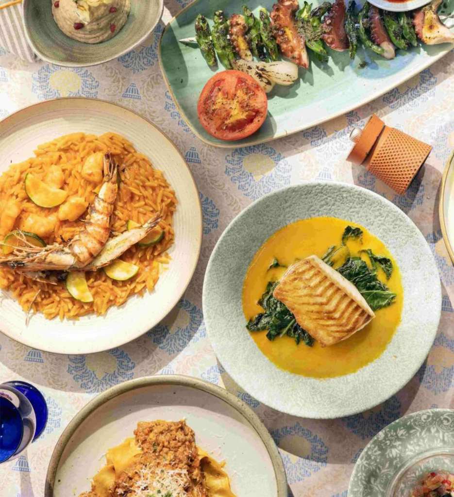 Multiple sizes and colors of plates of seafood on a patterned tabletop