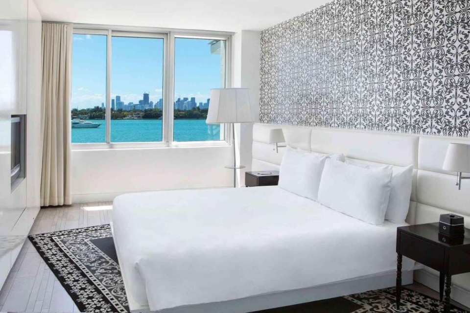 Hotel room with a king bed, black and white wallpaper and views of the water