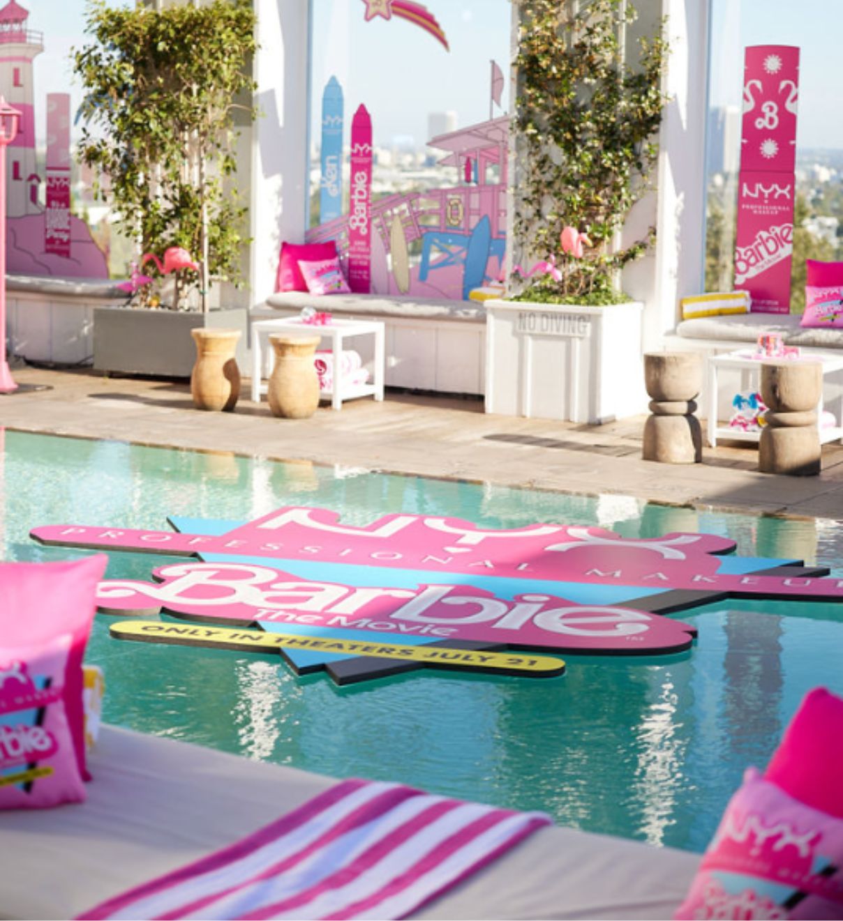 Image of the Skybar LA pool decorated for a NYX Barbie event