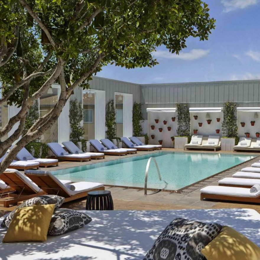 White chaise lounges surround a turquoise pool and pool deck with large windows in the background and greenery throughout.