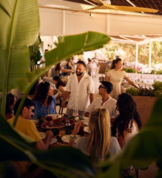 Group of people sitting at a table on an outdoor patio while man in white top talks to them with a large green plant in the forefront